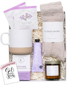 Lavender Spa Gift Set Relaxation Gifts For Women Get Well Soon Gift Basket with Scented Candle Bath Bomb Soap ( Get Well Soon Greeting Card Class